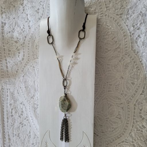 Green Agate 2" Focal on 33" Bronze Chain with Leather Sweater Weather Necklace, Western Wear