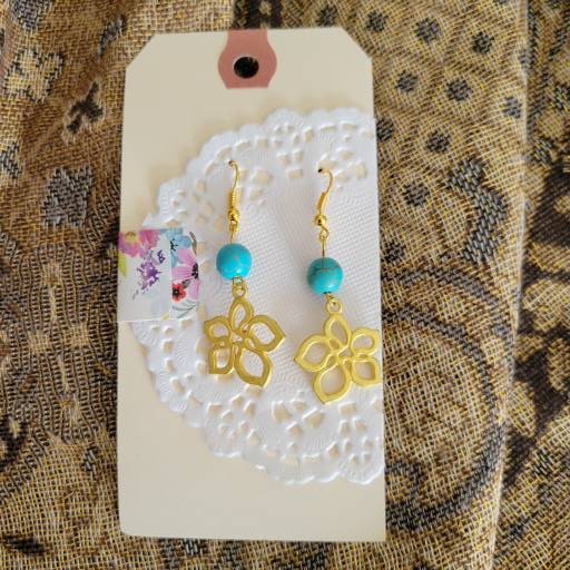 Turquoise Howlite Focal Bead Gold Floral Dangle Earrings - Handcrafted Boho Jewelry
