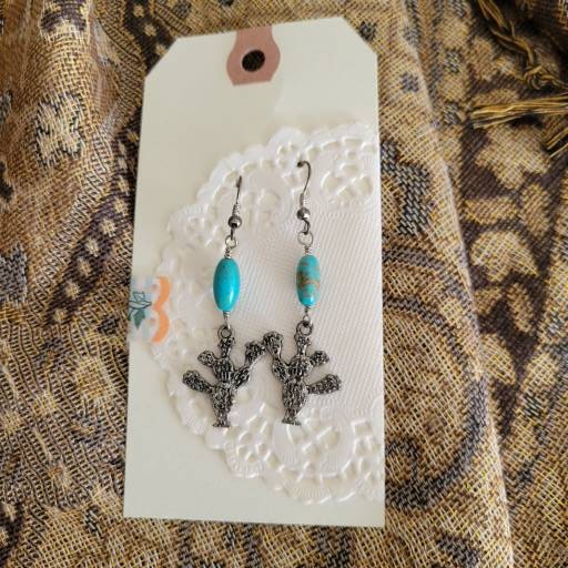 Turquoise Howlite Bead with Silver Cactus Charm Dangle Earrings 3 inch dangle