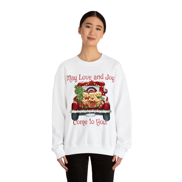May Love & Joy Come to You, Red Pickup with Puppies Christmas Unisex Heavy Blend™ Crewneck Sweatshirt