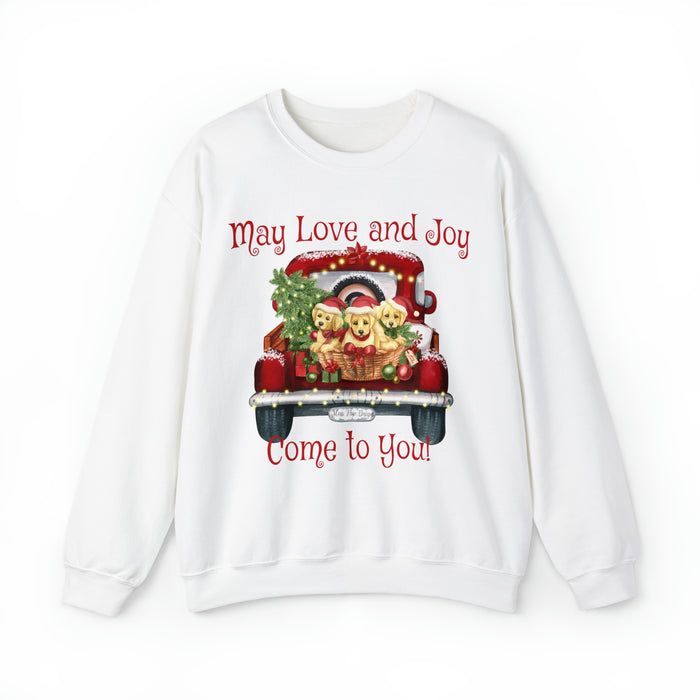 May Love & Joy Come to You, Red Pickup with Puppies Christmas Unisex Heavy Blend™ Crewneck Sweatshirt