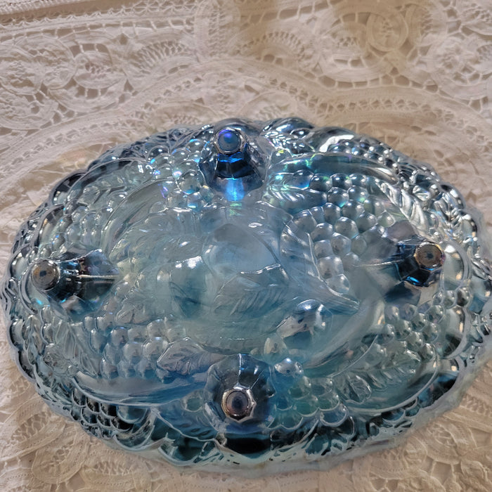 Indiana Glass Sapphire Blue Carnival Glass Iridescent Fruit Vintage Oval Footed Bowl Harvest Grape 12"