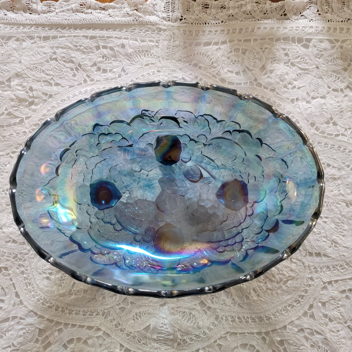 Indiana Glass Sapphire Blue Carnival Glass Iridescent Fruit Vintage Oval Footed Bowl Harvest Grape 12"