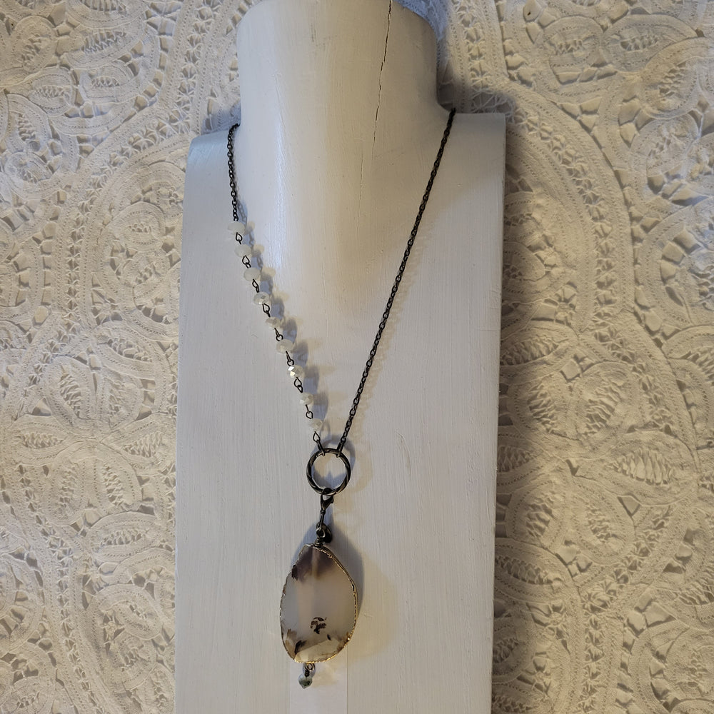 Clear and Smokey Agate 2.5" Focal on 33" Bronze Chain with Asymmetrical Milky Faceted Beads Sweater Weather Necklace