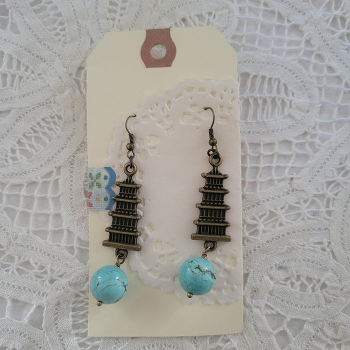 Asian Temple Focal with Turquoise Ball Dangle Earrings