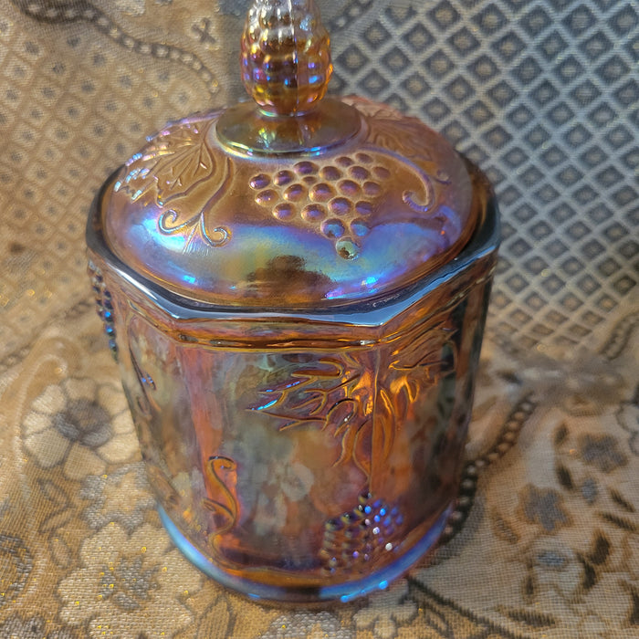 Indiana Cracker Biscuit Lidded Jar, Harvest in Honey Iridescent Vintage Carnival Glass&nbsp;