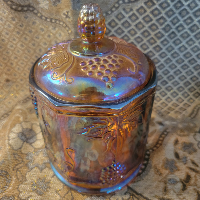 Indiana Cracker Biscuit Lidded Jar, Harvest in Honey Iridescent Vintage Carnival Glass&nbsp;