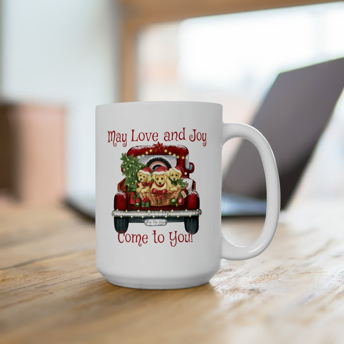 May Love and Joy Come to You Red Pickup with Puppies Christmas Ceramic Mug 15oz