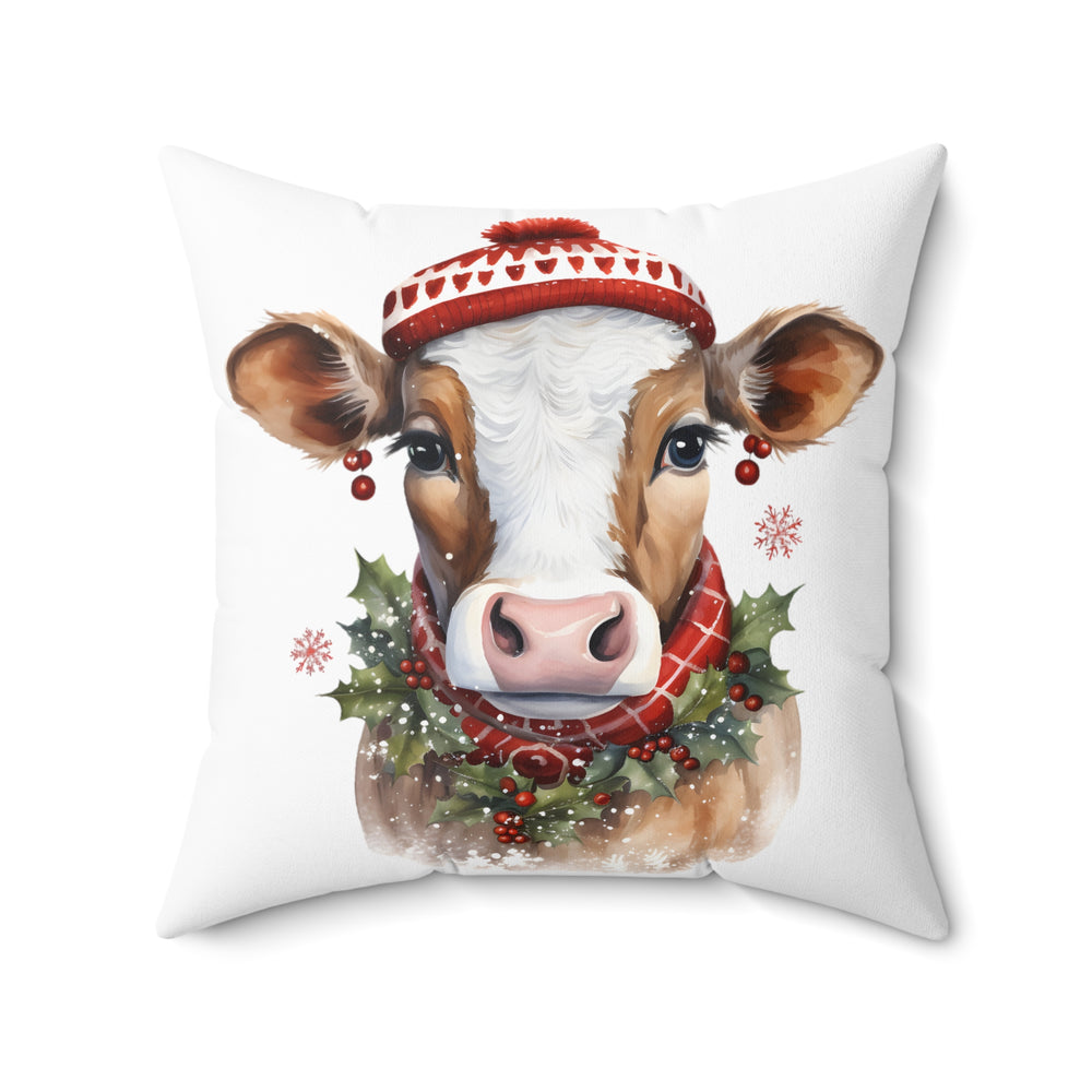 Holly the Christmas Cow Dressed in Her Finery Faux Suede Square Pillow - 20x20 - Festive Holiday Decor