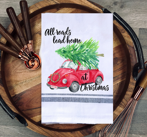 All Roads Lead Home at Christmas Red VW Bug Truck Kitchen Towel - Festive Holiday Hand Towel -&nbsp;
