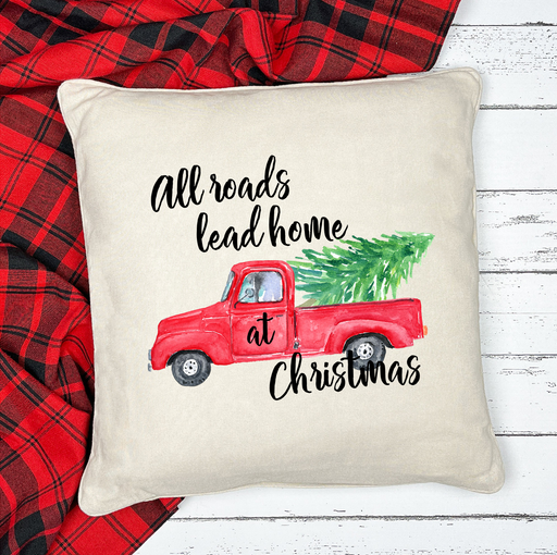 All Roads Lead Home at Christmas Red Pickup with Christmas Tree Festive 20x20 Pillow