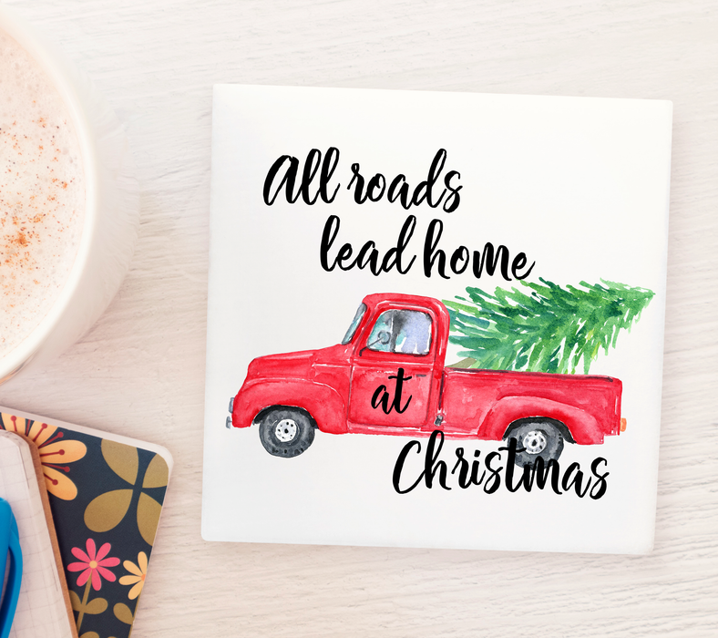 All Roads Lead Home At Christmas Red Pickup Ceramic 4x4" Marble Coaster