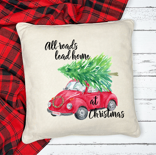 All Roads Lead Home at Christmas Red VW Bug with Christmas Tree Festive 20x20 Pillow