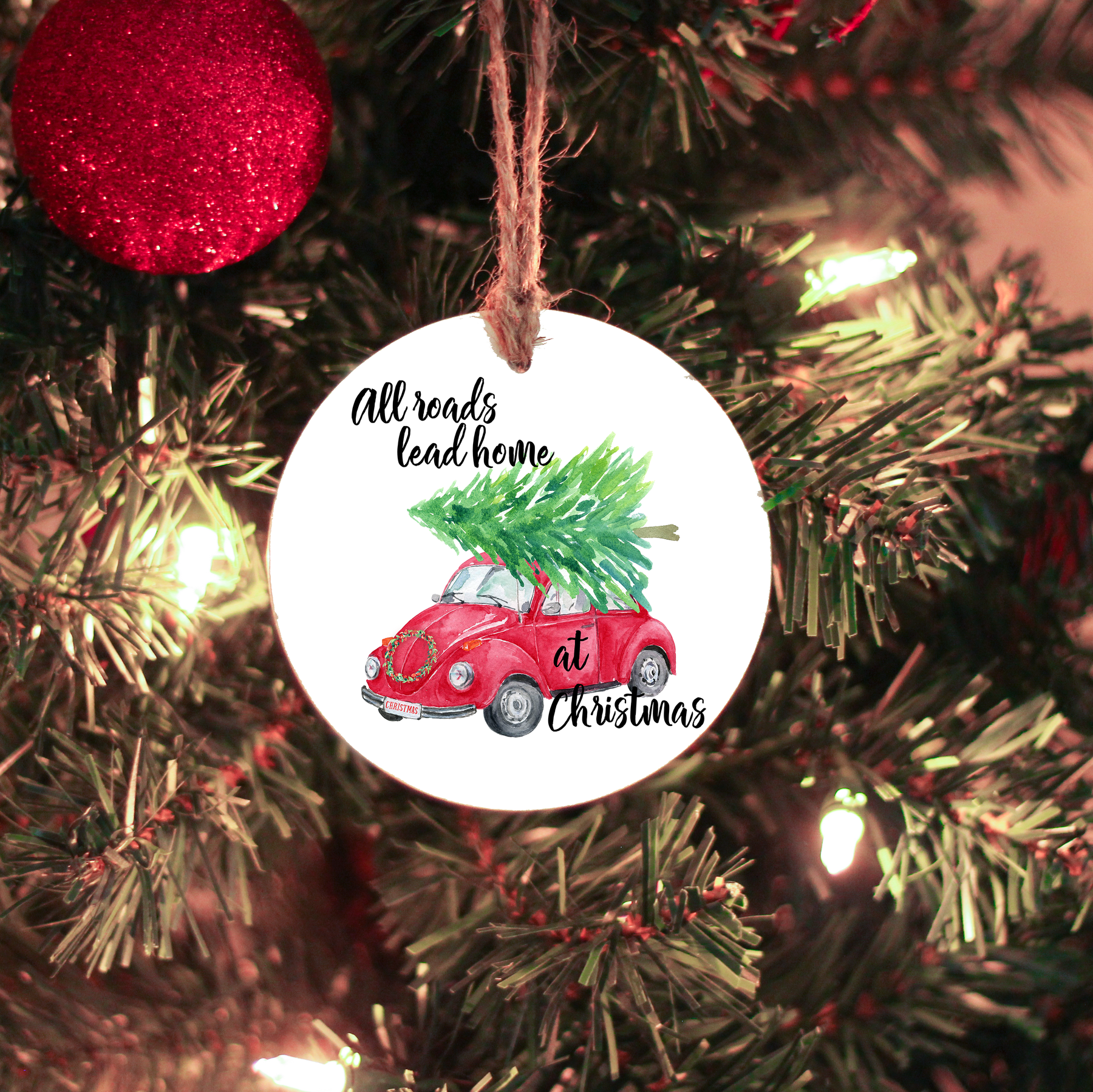 All Roads Lead Home At Christmas Red VW Bug Ceramic Ornament