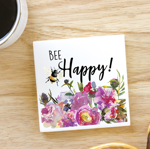 Bee Happy Bumble Bee and Floral 4x4" Marble Coaster - Cheerful Kitchen Decor