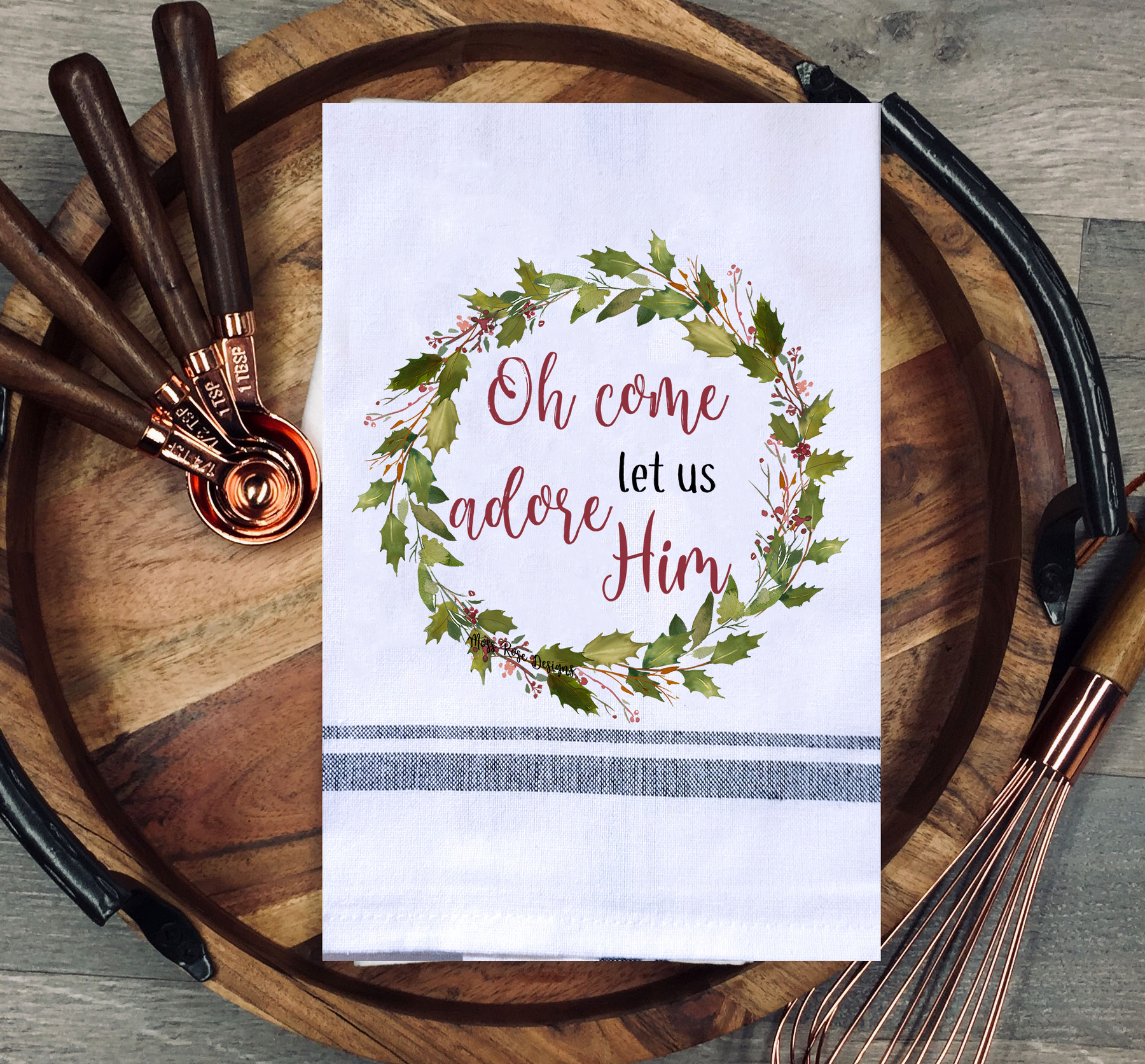 Oh Come Let Us Adore Him Holly Garland Wreath Kitchen Towel