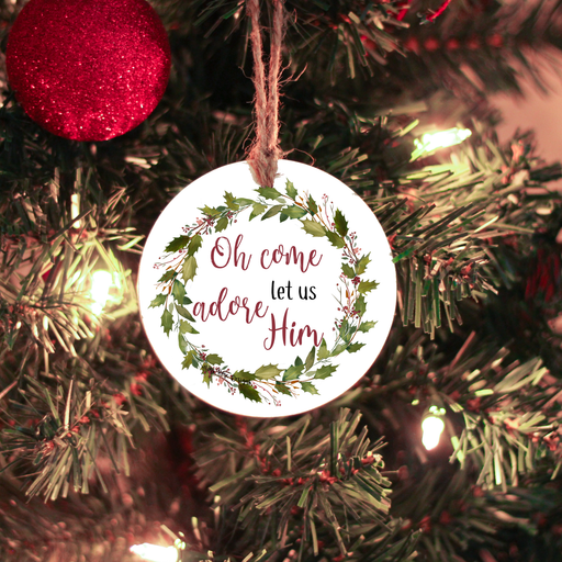 Oh Come Let Us Adore Him Holly Garland Wreath Ceramic Ornament