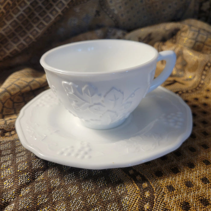 Indiana Glass Harvest Grape Flat Tea Cup & Saucer Milk Glass Vintage/1950’s