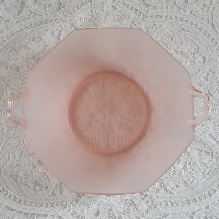 Frosted Pink Depression Era Octagon Vintage Glass Serving Bowl with Handles - 8 inches