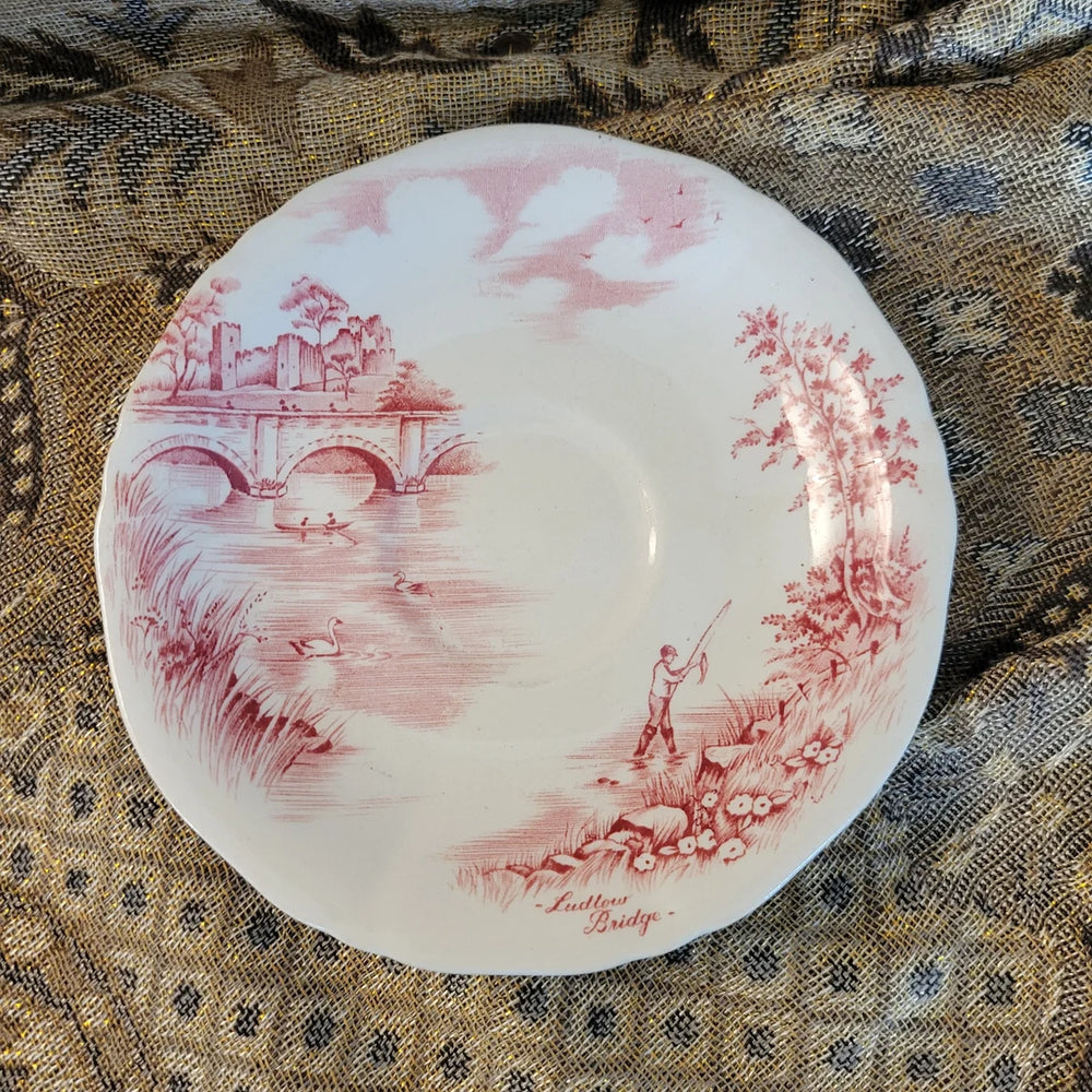 English Bridges Pink, Ludlow Bridge, Alfred Meakin, Staffordshire England Saucer - Vintage Rare Toile Transferware