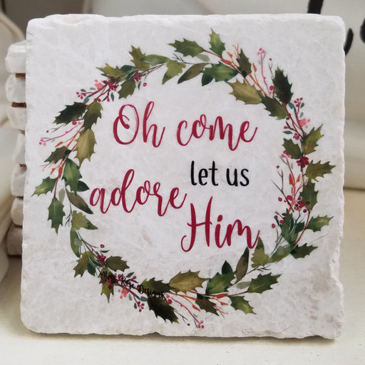 Oh Come Let Us Adore Him Holly Garland Wreath Marble Coaster