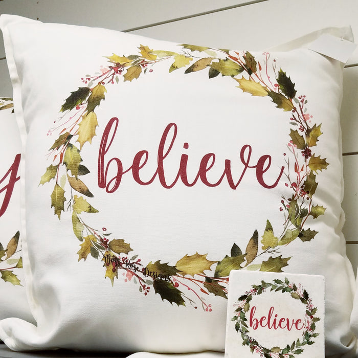 Believe Holly Garland Wreath Pillow