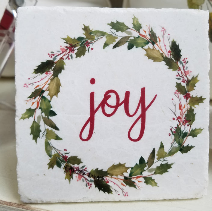 Joy Holly Garland Wreath Marble Coaster