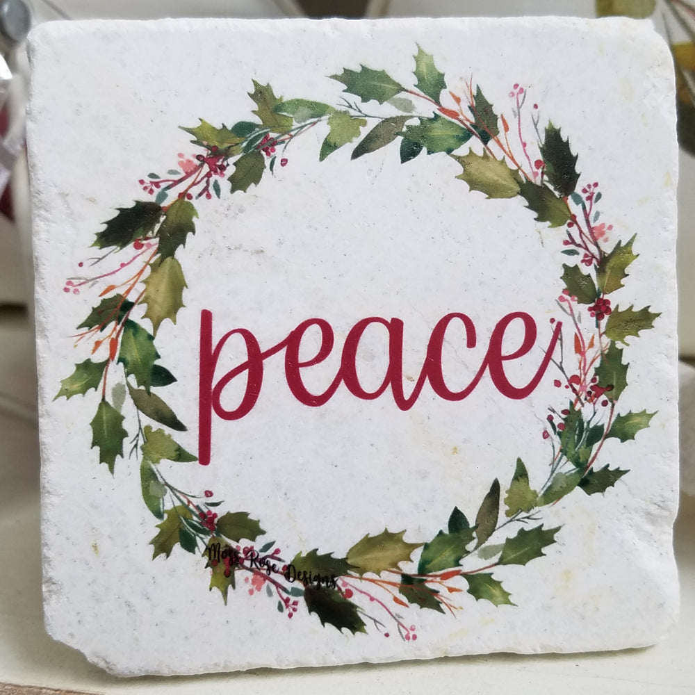 Peace Holly Garland Wreath Marble Coaster