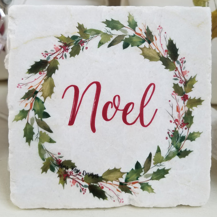 Noel Holly Garland Wreath Marble Coaster