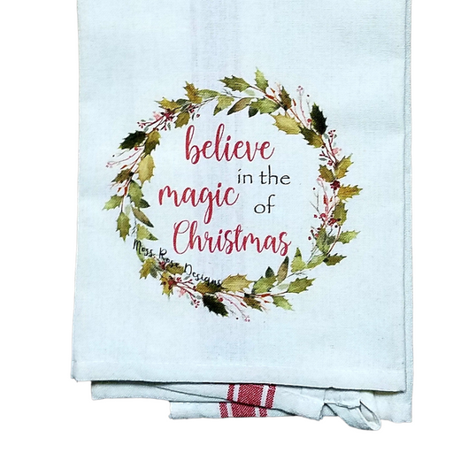 Believe in the Magic of Christmas Holly Garland Wreath Kitchen Towel