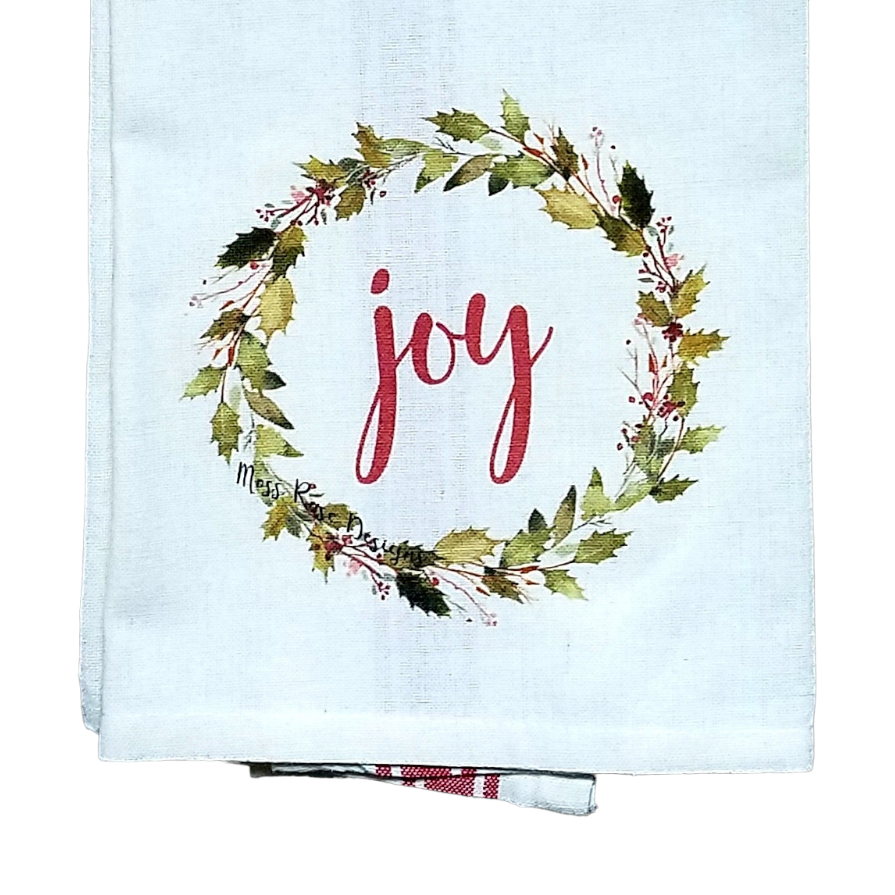 Joy Holly Garland Wreath Kitchen Towel