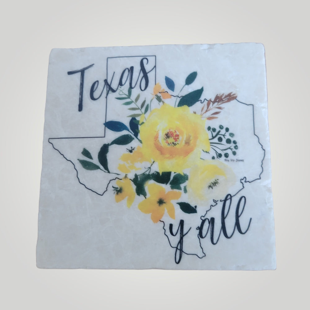 Texas Y'all Yellow Rose Marble Coaster